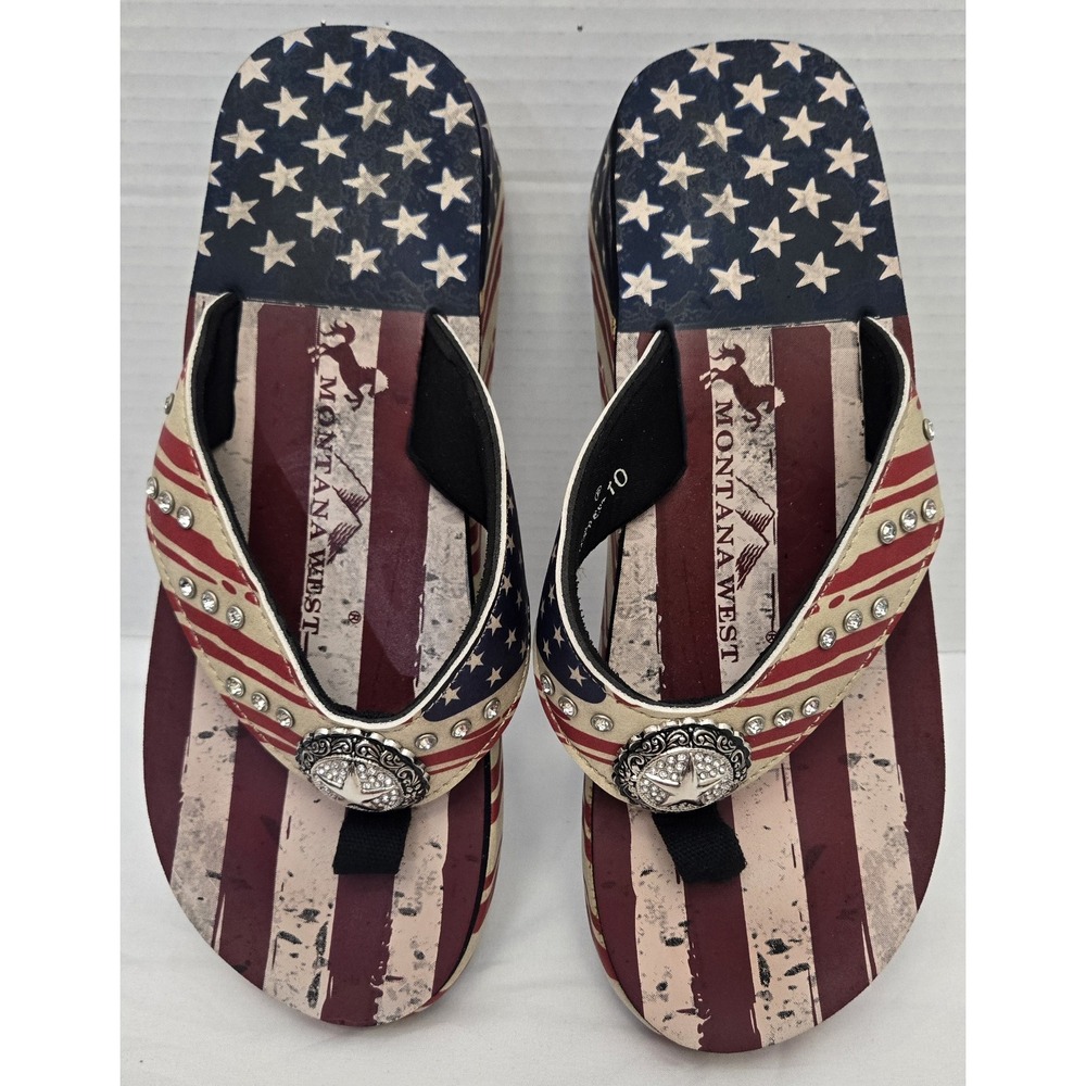 Montana West Silver Studded Red White Blue Stars Patriotic Flip Flops Women's 10